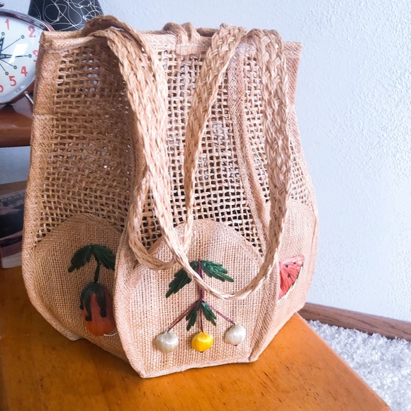 SOLD Vintage 1940s Purse straw bag Souvenir fruit - Picture 2 of 6